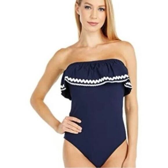J. Crew Bandeau Ruffle Trim Navy Blue One Piece Swimsuit Size 0 - Picture 1 of 7